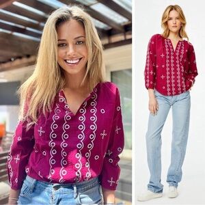 Roller Rabbit Peonia Embroidered Malm Top in Ruby